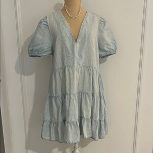 Zara Soft Blue Denim tiered Dress, V-neck, L, GUC